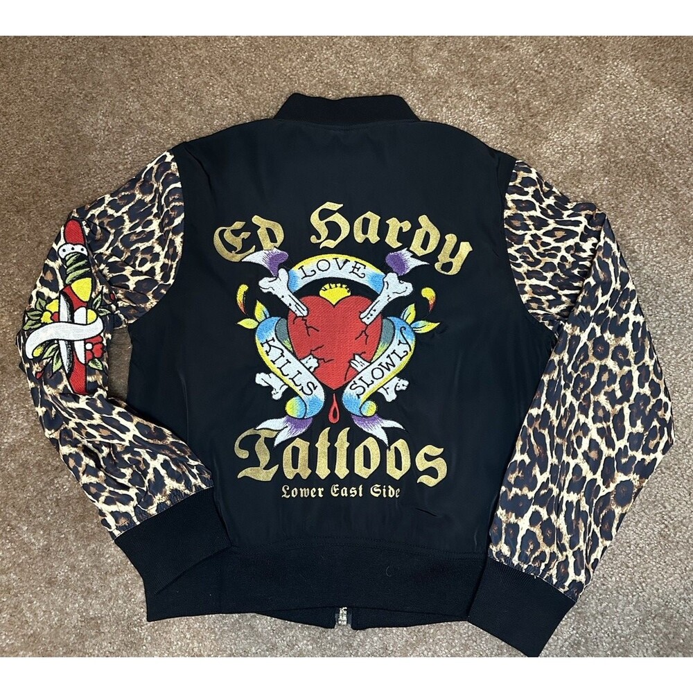 NWT Ed Hardy Y2K Bomber Jacket Tiger Dagger Souvenir Leopard Sleeves Size S New - Picture 4 of 16